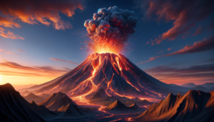 夕暮れ時の空に大きな火山の噴火を描いたイラスト。火山の頂上からは赤く燃える溶岩と灰が噴出しており、周囲には金色に輝く溶岩流が広がっています。空はオレンジ色と紫色のグラデーションで美しく染められています。