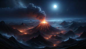 満月の夜に、活発に噴火している火山のイラスト。火山は溶岩を流し、周囲には星がきらめく暗い夜空が広がっています。遠くに連なる山脈が静かに様子を見守っているようです。