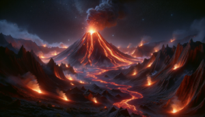 夜明けの薄明かりの中で噴火する火山のイラスト。赤い溶岩は流れ、遠くの山々は静かに光を受けています。空は星がちらばり、穏やかな夜から新しい一日へと変わる瞬間を感じさせます。