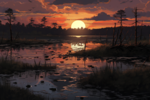 夕暮れの湿地帯を映したイラスト。夕日が水面に映り込み、湿地全体に暖色の光を投げかけています。枯れた木々のシルエットと草原、そして空を飛ぶ鳥の姿が描かれており、静かで美しい夕景が広がっています。
