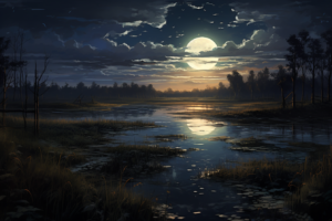 満月が輝く夜の湿地帯を描いたイラストです。穏やかに光を反射する水面、高く浮かぶ月、そして雲間から覗く星々が神秘的な雰囲気を作り出しています。遠くの地平線には樹木のシルエットが描かれ、夜空の下での静けさと平和が感じられます。