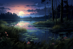月明かりに照らされた夜の湿地帯を捉えたイラストで、ピンクと紫のグラデーションで色付けられた空が幻想的な雰囲気を醸し出しています。水面には水草や蓮の葉が浮かび、林の端には草花が咲いています。全体的に落ち着いた夜の自然の美しさが表現されています。