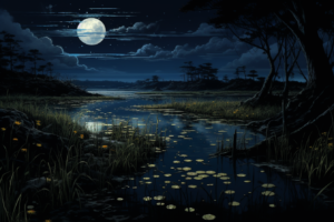 夜の湿地帯を背景に輝く大きな月を描いたイラスト。水面は月明かりを反射しており、周囲には水草や蓮の葉が浮かびます。水際には野花が咲き乱れ、暗い空には星がちらほら見える静寂に満ちた風景です。