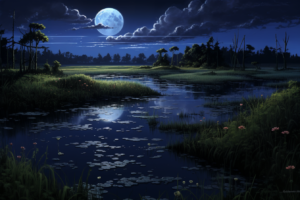 静かな湿地帯に映る明るい月のイラスト。月光が水面にきらめき、周囲には植物が豊かに生い茂っています。遠くの樹木のシルエットと水面に咲くピンクの花が平和な夜の情景をさらに引き立てています
