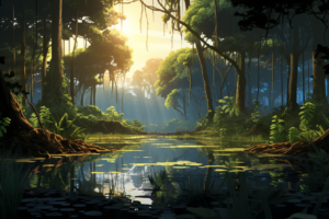 朝日が差し込む熱帯の湿地帯のイラストです。太陽の光が木々の間から水面に美しく反射しており、蓮の葉が水面に浮かんでいます。静かで平和な自然の美しさが感じられる風景です。