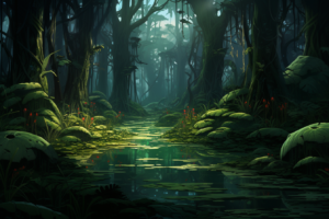 神秘的な雰囲気の熱帯雨林の湿地帯のイラストです。苔むした木々と植生が茂り、湿地には蓮の葉が広がっています。朝の光がわずかに木々を通り抜け、静かな水面を照らしています。