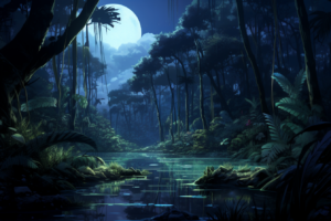 月明かりに照らされた熱帯の湿地帯を描いたイラストで、静かな水面が周囲の植物と木々のシルエットを映し出しています。光の帯が夜空を通り、月が明るく輝いています。