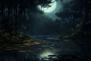 夜の密林に輝く大きな月のイラスト。月の明かりが穏やかな川面に反射し、川岸には茂った植物と水面に浮かぶ睡蓮の葉が描かれています。静かで幻想的な自然の風景が広がっています。