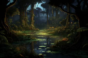 熱帯雨林の湿地帯の夜明けを描いたイラストです。柔らかい光が木々と植生を照らし出し、水面には睡蓮が点在しています。静寂の中にも生命の躍動を感じさせる、穏やかで美しい風景が広がっています。
