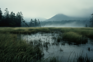 靄がかかった森と湿地帯を描いたイラストで、朝日が霧を通してぼんやりと輝いています。水面は穏やかで、周りの草と木々のシルエットが神秘的な雰囲気を醸し出しています。