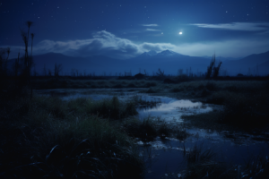 夜の湿地帯を描いたイラストで、星が輝く青い夜空の下で、遠くの山々のシルエットと月明かりが水面に反射しています。草原と水辺の植物が薄暗い光の中で静かにたたずんでいます。