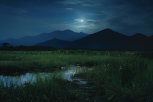 満月の夜に湿地帯を照らす光を表現したイラストで、星々が点在する澄んだ夜空の下、穏やかな水面に月の光が映り込み、遠くの山並みの輪郭が静寂とともに浮かび上がっています。周囲は草と水草で覆われています。