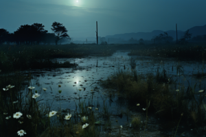 夜明け前の湿地帯を描いたイラスト。静かな水面に映る月の光が、ゆっくりと明るくなり始めた空と山々のシルエットに照らされています。前景には野生の花が点在しており、全体的に穏やかで神秘的な雰囲気が漂っています。」