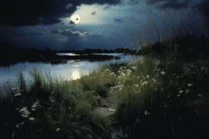 満月の光が湿地帯に反射している夜の風景のイラスト。空は雲が多く、夜空の静けさと草原の草のシルエットが月明かりに浮かび上がっています。穏やかな水面と風に揺れる草花が幻想的な雰囲気を醸し出しています。