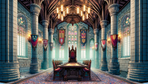 高い天井とステンドグラスの窓が特徴的な魔法学校の食堂のイラスト。中央には大きな食卓と玉座のような椅子が配置されており、壁には学校の紋章のバナーが掲げられている。部屋全体には荘厳で歴史的な雰囲気が漂っている。