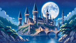 星空と巨大な満月の下にそびえ立つ魔法学校のイラスト。静かな湖に反射する月明かりと、暗い青色の夜空に輝く星々。学校は伝統的な城のシルエットを持ち、多数の尖塔がそびえている。緑豊かな木々と岩肌が自然の美しさを際立たせている。
