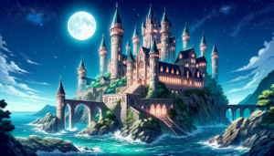 星々がちりばめられた夜空と大きな月が映える背景に、魔法学校が描かれたイラスト。学校は中世の城のような建築様式で、石橋が数本の塔を繋いでいる。光を放つ窓、静かな海、そして岩々は幻想的な雰囲気を醸し出している。
