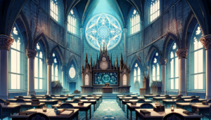 青白い光が満ちる魔法学校の教室のイラスト。教室は大きなステンドグラスの窓と高い天井が特徴で、中央には大きな魔法陣が描かれた教壇がある。机の上には魔法の道具が置かれ、魔法の授業が始まる準備が整っている。