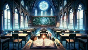 高窓から青い光が差し込む魔法学校の教室のイラスト。机の上には大きな開いた魔法の書があり、黒板には複雑な魔法の式が描かれている。生徒の机は整然と並び、各机には魔法の杖やクリスタルボールが置かれている。