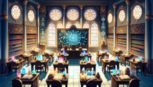 魔法の陣と輝くクリスタルが並ぶ魔法学校の図書室のイラスト。部屋は高い書架と美しいステンドグラスの窓で装飾され、中央の教壇には光る魔法の陣が映し出されている。各学習席には開かれた魔法の書が置かれ、神秘的な雰囲気を醸し出している。