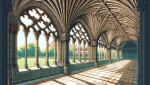 魔法学校の長い廊下を描いたイラスト。天井は複雑なファンヴォールト構造で、壁には連なるゴシックスタイルの窓があり、通り抜ける風が心地良い開放感を生み出している。廊下はチェス盤のようなタイルで覆われ、静寂と歴史を感じさせる。