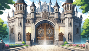 魔法学校の正面ゲートのイラスト。ゲートは重厚な木製の扉で、複雑な装飾が施された金属の細工が印象的。扉の上部には紋章が掲げられ、周囲には石造りの塔と壁があり、青々とした木々が天に向かって伸びている。