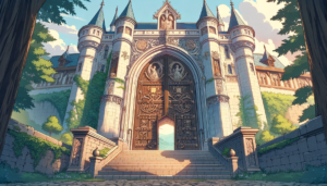 魔法学校の入口となるアーチ型の門のイラスト。中央には豪華な彫刻が施された大きな木製の扉があり、両側には細長い窓と塔が建っている。石造りの階段が門へと続き、柔らかな日差しが景色に温かみを与えている。
