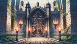 大きなゴシック様式のゲートのイラスト。ゲートは細やかな装飾が施された黒い鉄製で、中心には龍が刻まれている。周囲の壁には緑の蔦が這い、燃えるような松明がゲートの両側に設置されている。