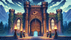 魔法学校の堂々とした城門のイラスト。夜の空に星がきらめく中、門は重厚な彫刻と装飾が施された木製の扉と、周囲の石造りの壁に囲まれている。松明が灯された壁沿いの道は、門の向こうの光へと導いている。