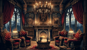 魔法学校のラウンジを描いたイラスト。ゴシック様式の暖炉が中央にあり、その上には絵画が飾られている。部屋は豪華な赤いベルベットのソファと重厚な木製の家具で装飾されており、窓からは星空が見える。