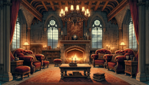 豪華な魔法学校のラウンジルームのイラスト。部屋は暖炉を中心に据え、その上には絵画が掲げられている。重厚な赤いベルベットのソファが配置され、落ち着いた照明の下で読書や寛ぐのに適した雰囲気がある。