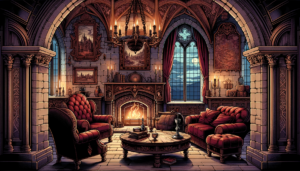 中世の城を彷彿とさせる魔法学校のラウンジのイラスト。窓から月明かりが差し込み、壁には古い絵画が飾られている。暖炉は部屋の中心にあり、その周りには豪華な装飾のソファが置かれ、温かい空間を作り出している。