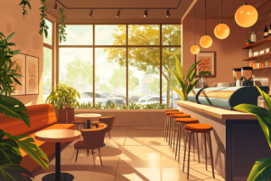 広い窓から自然光が差し込むカフェのイラスト。オレンジ色のソファ席と木製のバースツールが配置されており、室内には緑豊かな観葉植物が生い茂っている。カウンターにはコーヒーマシンが置かれ、丸いペンダントライトが温かみのある雰囲気を演出している。