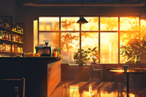 夕暮れ時のカフェのイラスト。夕日が窓から差し込み、オレンジ色の光がカフェ内を柔らかく照らしている。カウンターにはコーヒー豆やパンが並び、ブラックのカウンターチェアがモダンな印象を与えている。