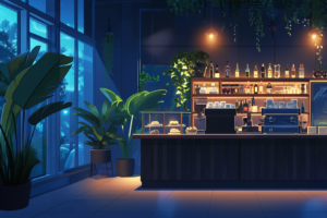 夜のカフェのイラスト。青い照明と観葉植物が室内に落ち着いた雰囲気を作り出しており、カウンターにはケーキとコーヒーマシンが置かれている。窓外には星空が広がり、室内にはゆったりとした空間が広がっている。