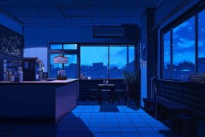 星空を背景にした夜のカフェのイラスト。室内はブルーのライトで照らされ、窓からは夜景が見える。カウンターにはコーヒーマシンがあり、壁にはカフェのメニューが書かれた黒板が掛けられている。