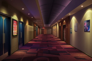 映画館の廊下を描いたイラスト。暖かい照明が特徴の廊下には、映画のポスターが壁に掲示されており、カーペットは赤と紫の幾何学模様があしらわれている。