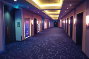 青い照明で照らされた映画館の廊下のイラスト。廊下には最新映画のポスターが掲示され、現代的なデザインのカーペットが敷かれている。