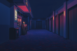 暗い照明のもとで映画館の廊下を描いたイラスト。壁には映画のポスターが照明で照らされており、床には濃い色のカーペットが敷かれている。