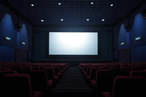 赤い座席が設置された映画館の内部を表現したイラスト。中央には大きなスクリーンがあり、室内は青い壁と天井からの間接照明により穏やかな雰囲気が演出されている。