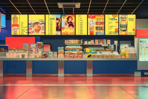 カラフルな映画館のコンセッションスタンドを描いたイラスト。カウンターにはポップコーン、ナチョス、ホットドッグなどのスナックが並び、背後には飲み物やコンボセットを宣伝するビビッドな色のメニュー看板がある。