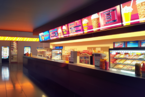 暖かい照明の下で映画館のスナックカウンターを示すイラスト。カウンター上のデジタルメニューにはポップコーンや飲み物のオプションが表示されており、様々なスナックが見える。