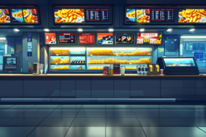 青い照明で照らされた映画館の食品売り場のイラスト。複数のモニターにはフライドポテトやポップコーンなどの食べ物の写真と価格が表示されている。カウンターには食べ物が並び、清潔感のある雰囲気が演出されている。