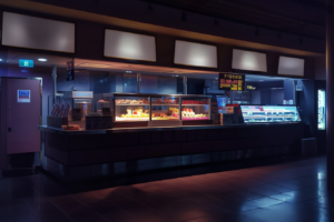 映画館のコンセッションスタンドが暗い照明の中で描かれたイラスト。カウンターにはキャンディーやポップコーンが陳列されており、上部には白い柔らかな照明がある。