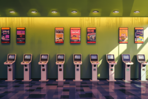 映画館のチケット自動販売機と映画のポスターが壁に掲示されているイラスト。自動販売機は一列に並び、背後の壁には様々な色とデザインの映画ポスターが飾られている。床はチェック柄のタイルで、全体に温かみのある照明が施されている。
