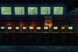 映画館のチケットカウンターに並ぶ多数の自動販売機を描いたイラスト。それぞれの自動販売機にはメニューが表示されており、背後には映画の上映時間を示す大きなデジタル表示板がある。