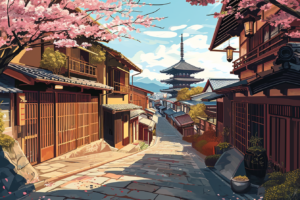 春の桜の木の下を通る石畳の小道がある京都の町並みのイラスト。背景には五重塔がそびえ立ち、伝統的な木造建築の家々が並んでいる。