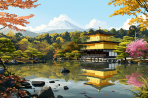 鮮やかな黄金の寺院が、穏やかな池に映る姿を描いたイラスト。背景には雄大な富士山がそびえ、紅葉と桜の木が美しいコントラストを見せている。