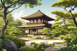 緑豊かな庭園に囲まれた木造の建物を中心に描いたイラスト。静寂と和の趣が感じられる、伝統的な日本庭園の風景。