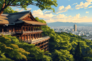 緑深い山の上に建つ木造の寺院から望む京都市街のパノラマビューを描いたイラスト。遠くに広がる都市の景色と青い空が広がっている。